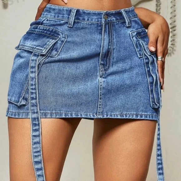 SHEIN Dresses & Skirts - Y2K Street Solid Flap Pocket Tape Detail Cargo Denim Mini Skirt Summer Medium